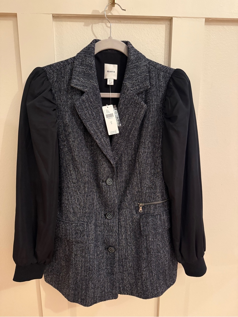 Maeve Gray Tweed Blazer with Black Puff Sleeves